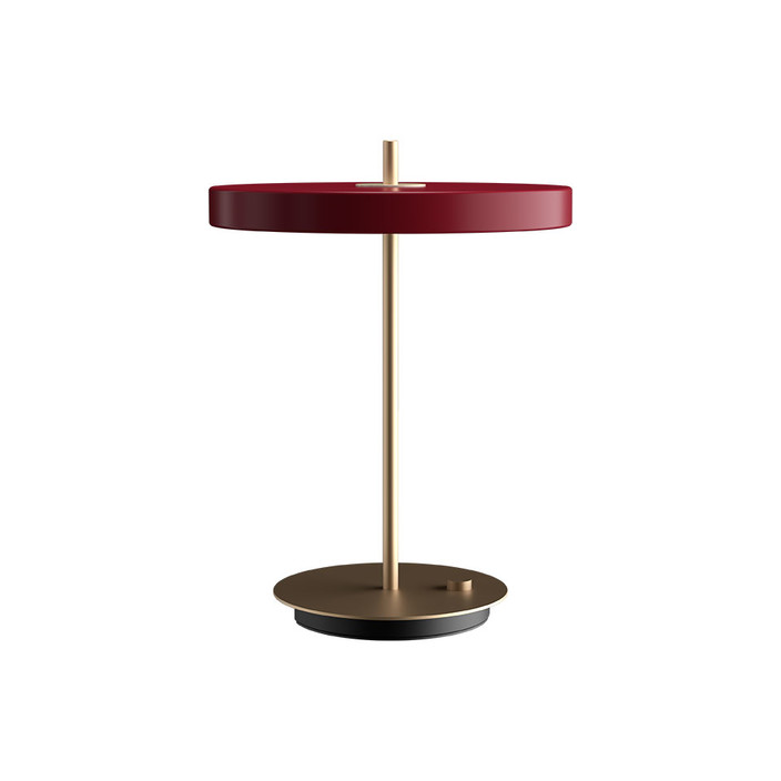 Elegantní designová stolní lampa se zabudovaným LED panelem a difuzorem obsahující skrytý USB port pro možnost nabíjení mobilních telefonů (červená)