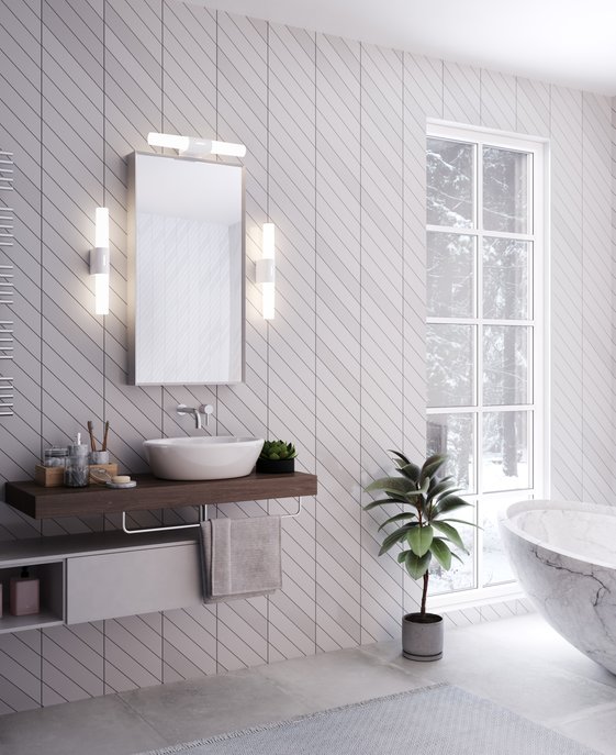 Koupelnové světlo připomínající moderní severskou louč, to je koupelnové svítidlo Helva. Můžete ho použít horizontálně i vertikálně, dostupné je ve 3 barevných provedeních.