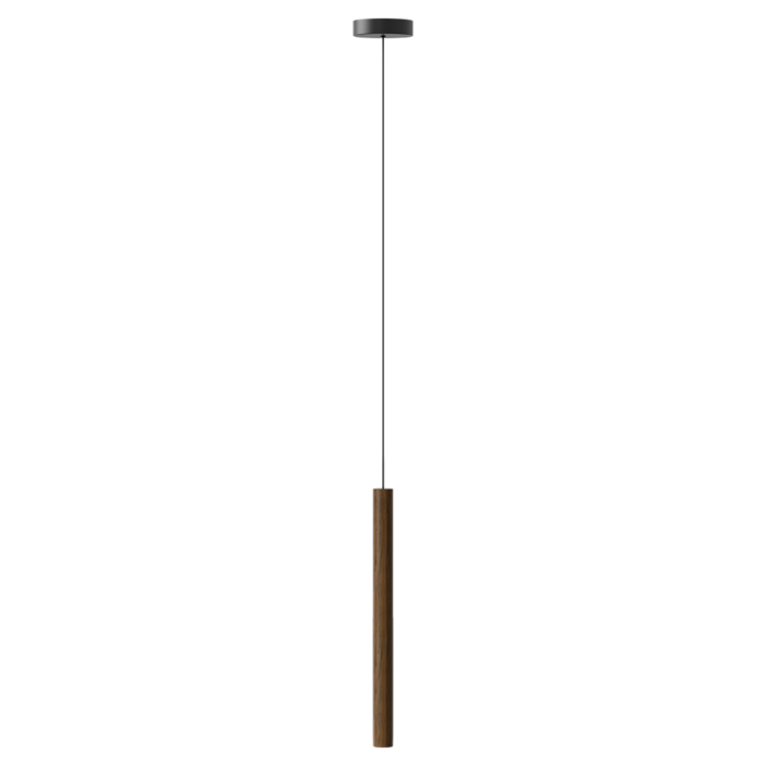 Závěsná lampa UMAGE Chimes. Kombinace světlého nebo tmavého dřeva, černé s černým textilním kabelem (tmavý dub)