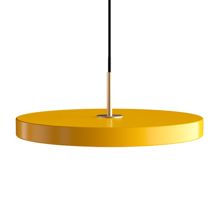Jednoduchá a originální závěsná lampa UMAGE Asteria ve tvaru disku. Kovové stínidlo, LED žárovka. Šest barev.  (žlutá)