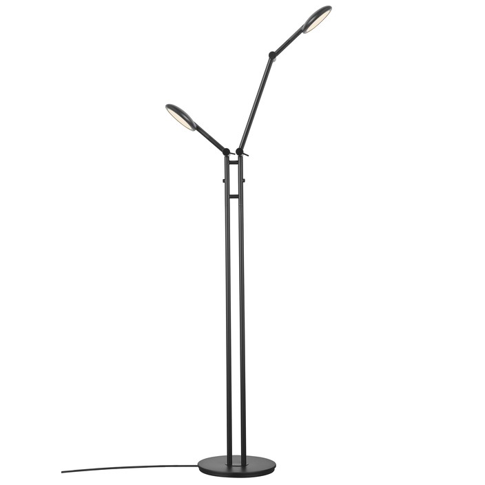 Stojací lampa Bend od Norluxu s nastavitelnou hlavou i ramenem, plynule stmívatelná dotykem, dvě varianty – s jedním nebo dvěma stínidly, v černém provedení (Počet stínidel: 2)