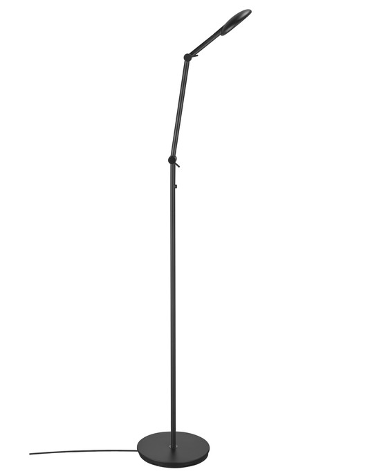 Stojací lampa Bend od Norluxu s nastavitelnou hlavou i ramenem, plynule stmívatelná dotykem, dvě varianty – s jedním nebo dvěma stínidly, v černém provedení