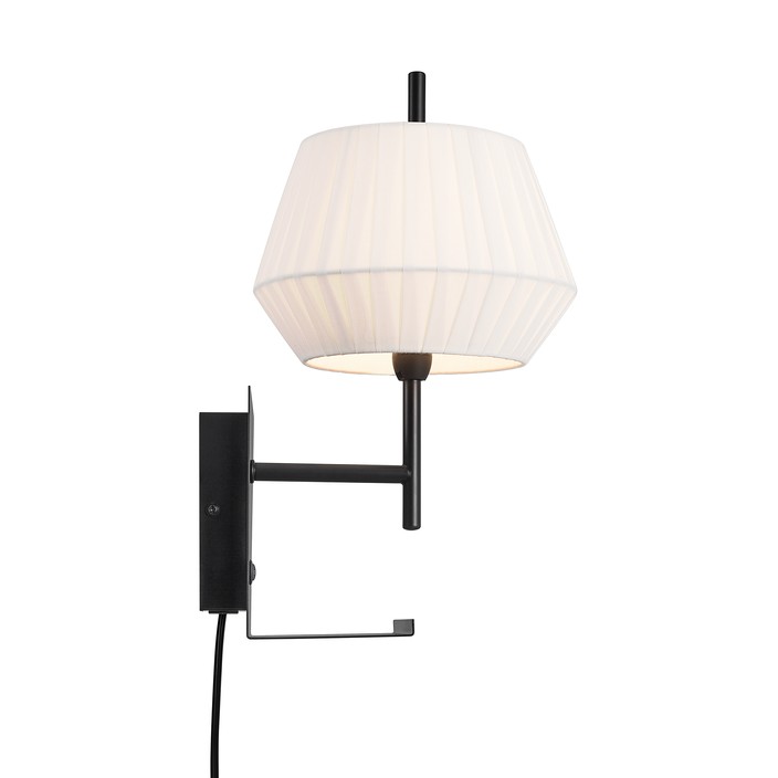Originální nástěnná lampička Nordlux Dicte s efektem tlumeného světla, s USB vstupem a integrovanou poličkou pro odkládání drobných věcí, dostupná v bílé či béžové barvě. (bílá)