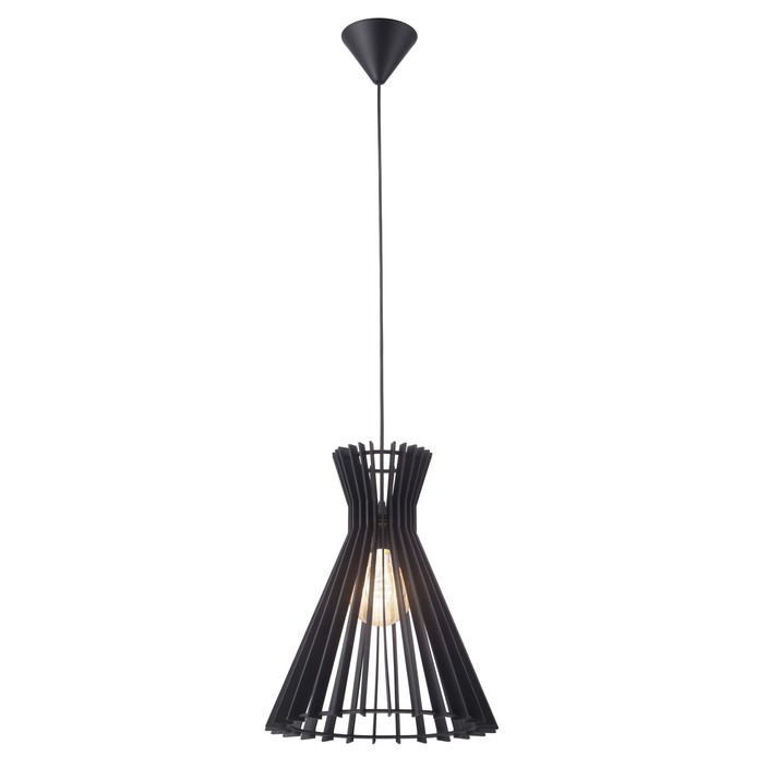Originální lamelová závěsná lampa Nordlux Groa 34 z dřevěných lamel, v přírodní hnědé barvě či barvené černé. Vyberte si ideální designovou žárovku pro podtržení dojmu. (černá)