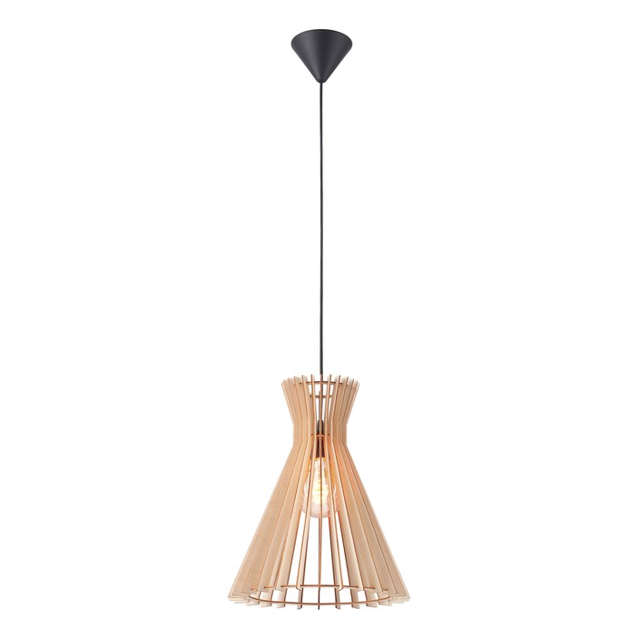 Originální lamelová závěsná lampa Nordlux Groa 34 z dřevěných lamel, v přírodní hnědé barvě či barvené černé. Vyberte si ideální designovou žárovku pro podtržení dojmu. (dřevo)