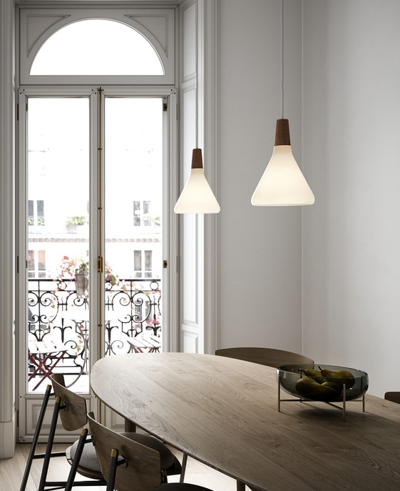 Závěsné světlo Nori od Nordluxu s krásným ořechovým prvkem na vršku v jednoduchém designu pro snadné začlenění do interiéru. Dostupné v šesti variantách provedení.