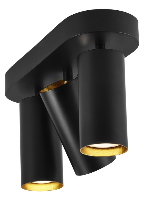 Stropní bodové světlo Mimi 3 od Nordluxu s elegantními zlatými detaily, dvě stínidla jsou otočná a nastavitelná různými směry, možnost výběru ze dvou barevných variant – černá či bílé.