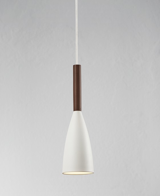 Okouzlující závěsné svítidlo s čistou linií a elegantní špičkou z ořechového dřeva se stínítkem ve třech barevných variantách