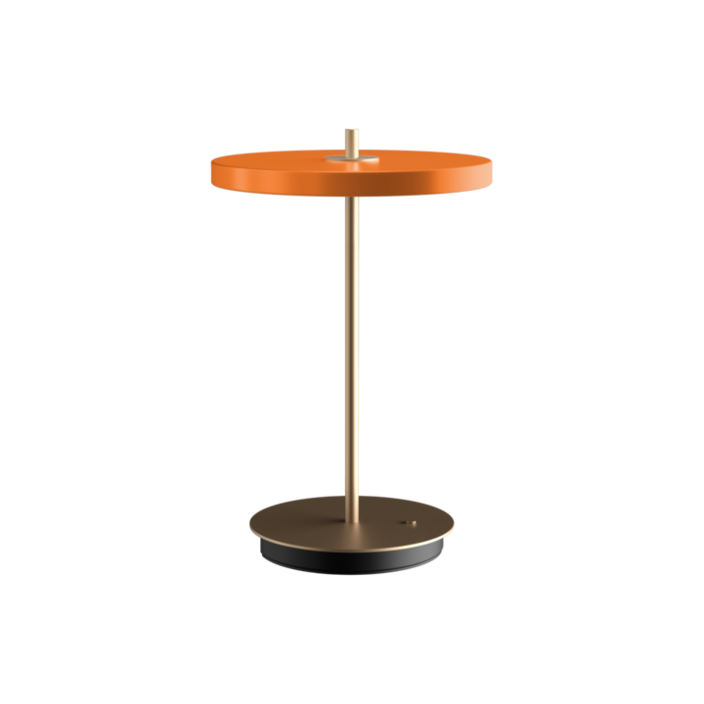 elegantní designová stolní lampa se zabudovaným LED panelem a difuzorem obsahující skrytý USB port pro možnost nabíjení mobilních telefonů, třístupňový stmívač (oranžová)