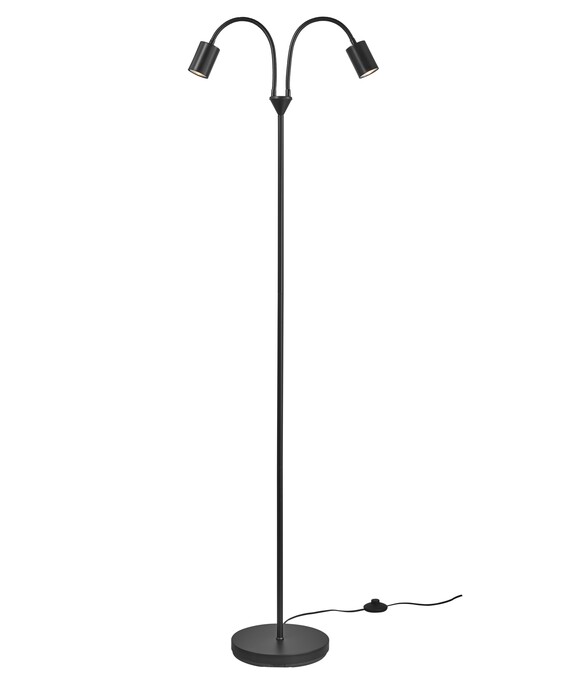 Minimalistická stojací lampička Nordlux Explore se dvěma stínítky na flexibilních ramenech.