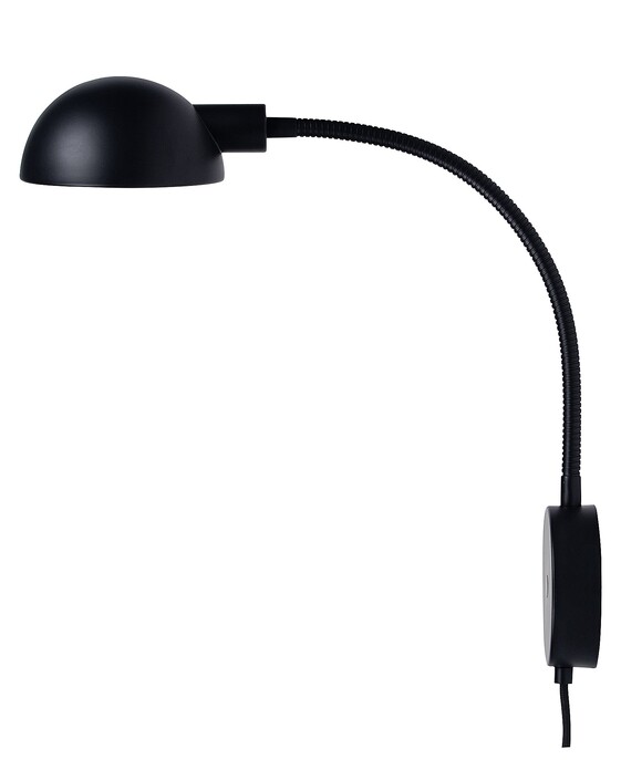 Nástěnná lampička Nomi s nastavitelným krkem v minimalistickém černém provedení.