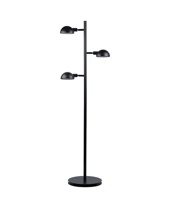 Stojací lampa Nomi s nastavitelnou hlavou tří stínítek v minimalistickém černém provedení.