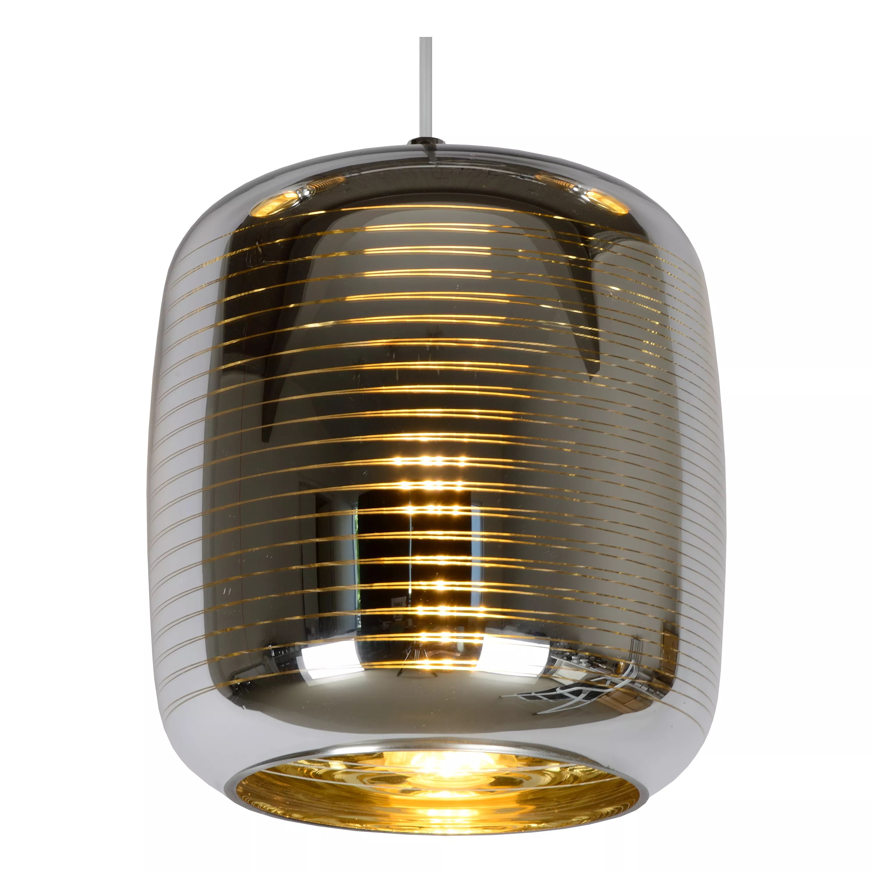 Luxusní závěsné svítidlo Eryn v kombinaci zlaté barvy a chromu s pruhovaným vzorem.