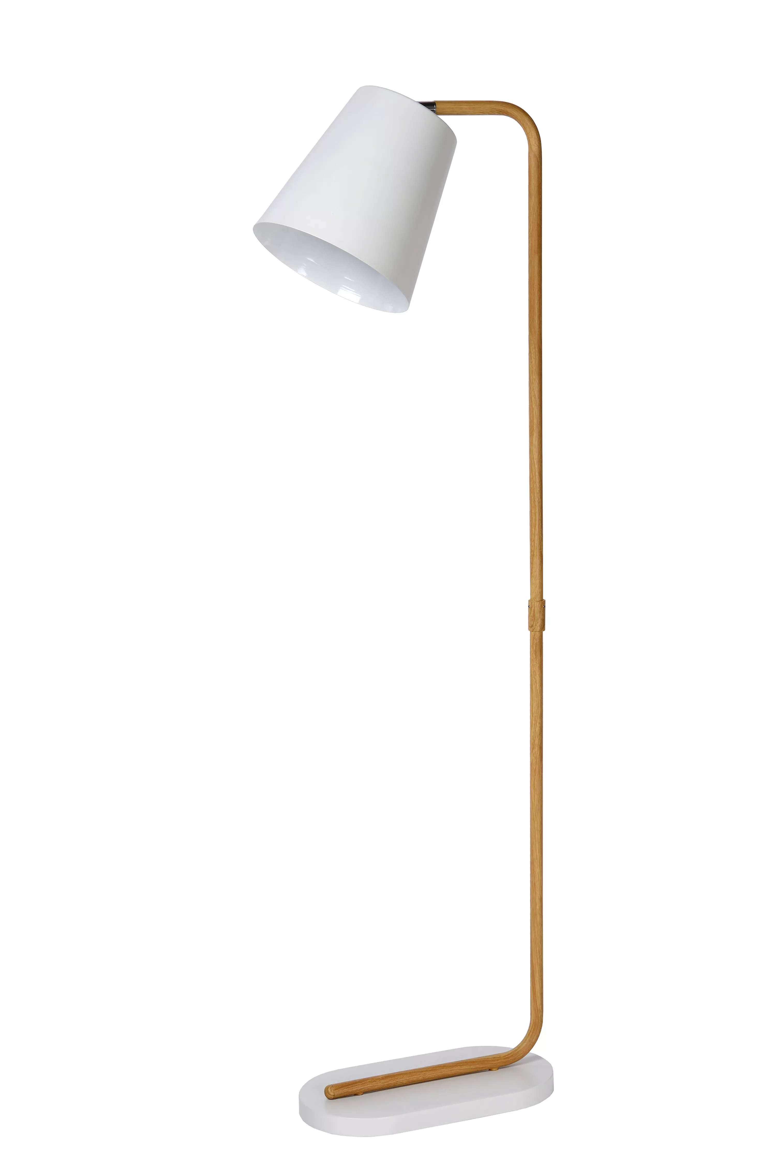 Stojací lampa Cona v bílém provedení s kovovou tyčí v motivu dřeva a s otočným kloubem pro snadné směrování stínítka.