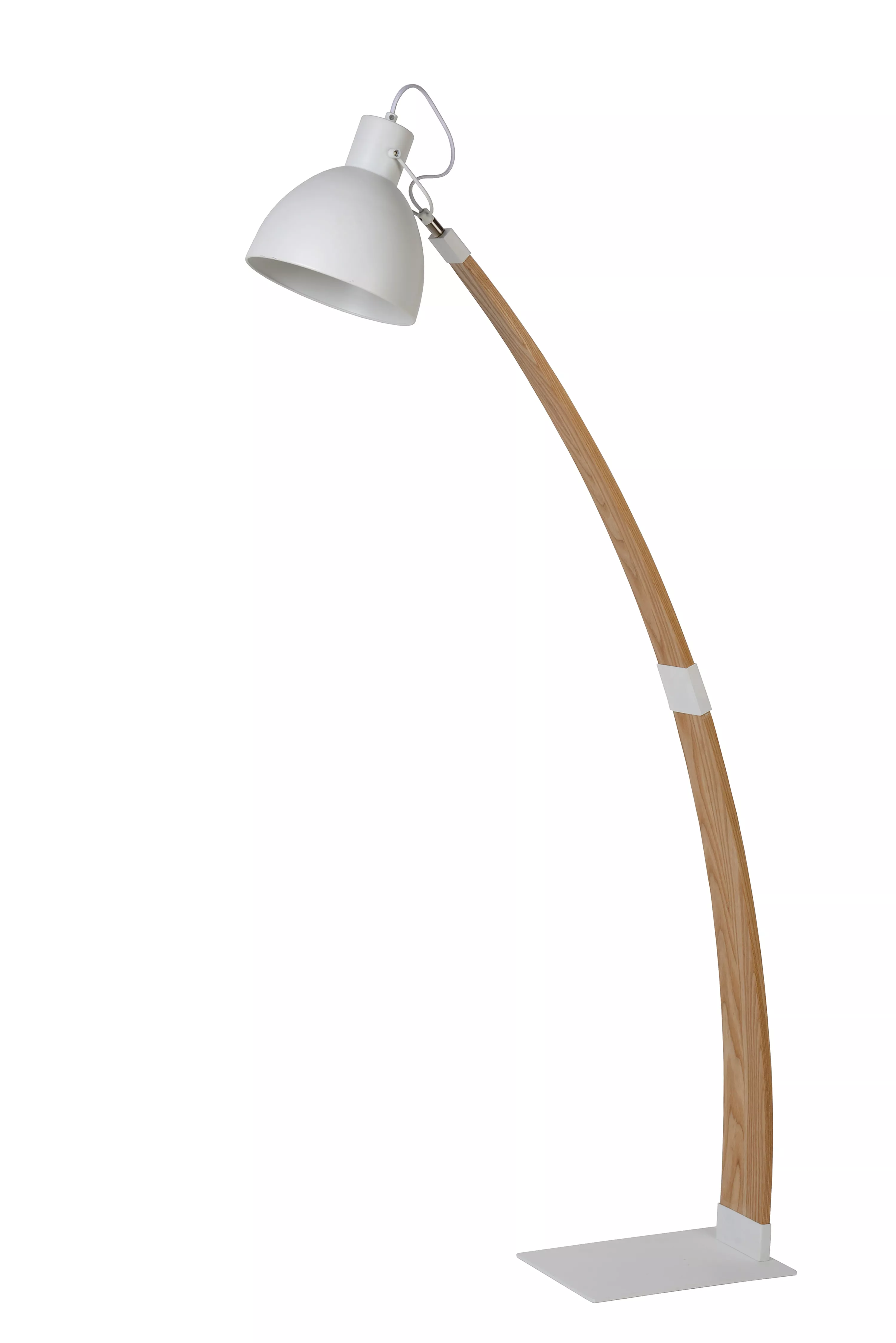 Stojací lampa Curf v kombinaci dřeva a bílé barvy se hodí do minimalistického interiéru, snadno směrovatelná kam potřebujete.