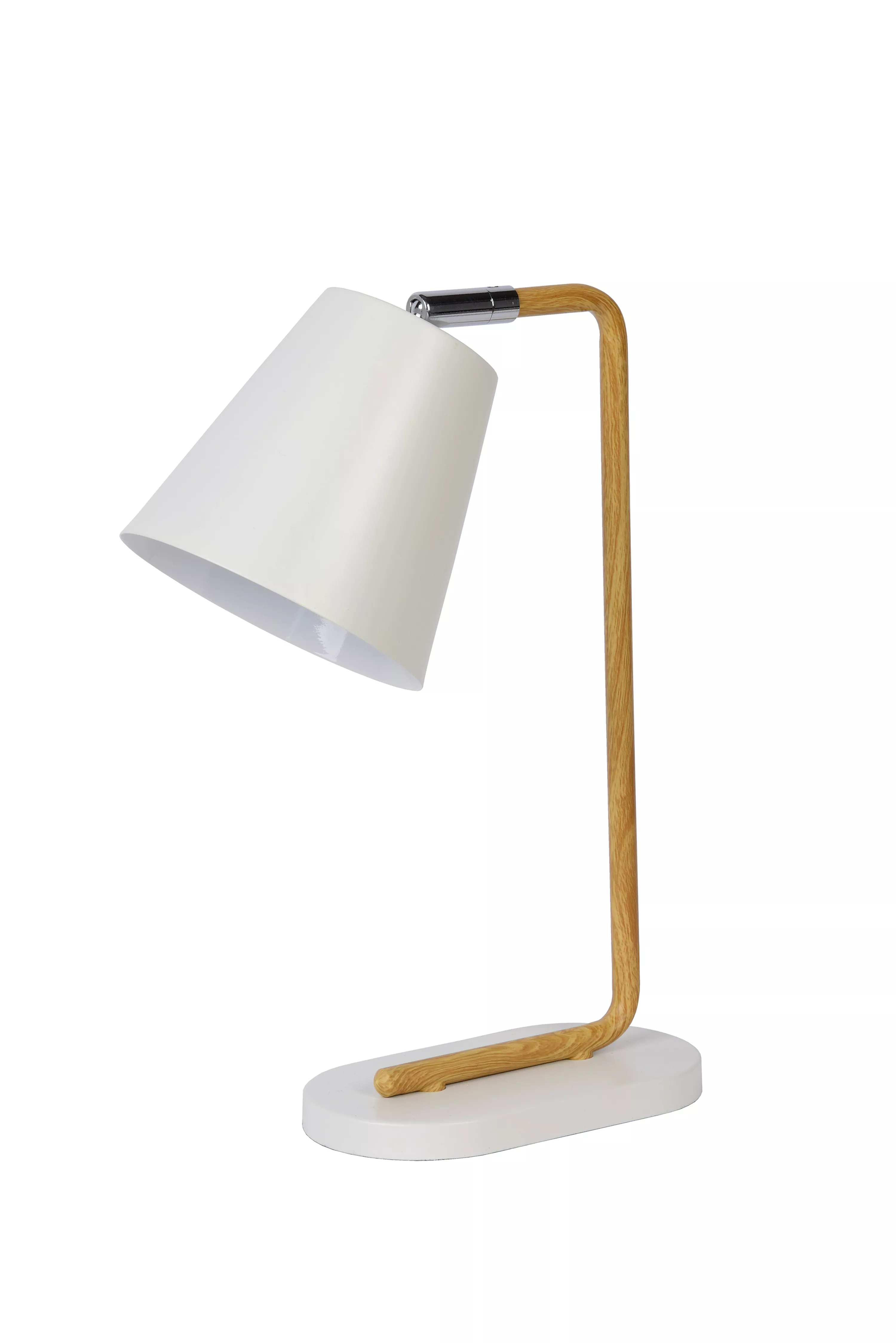 Stolní lampička Cona v bílém provedení s kovovou tyčí v motivu dřeva a s otočným kloubem pro snadné směrování stínítka.