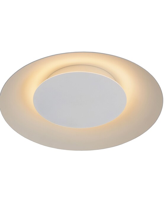 Jednoduché stropní svítidlo ve tvaru zahnutého disku, Lucide Foskal v černé nebo bílé variantě. 