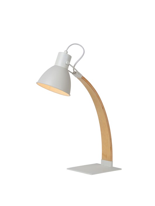 Stolní lampička Curf kombinuje dřevo a kov ve skandinávském stylu, možné nastavit směr záření díky otočnému stínítku. (bílá)