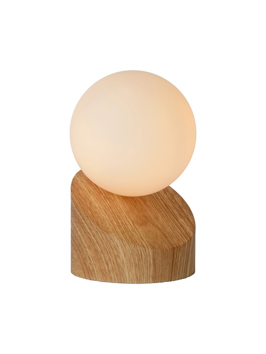 Asymetrická stolní lampička Len s kovovou základnou a opálovou skleněnou kopulí poskytuje příjemně rozptýlené světlo. (dřevo, opálové sklo)