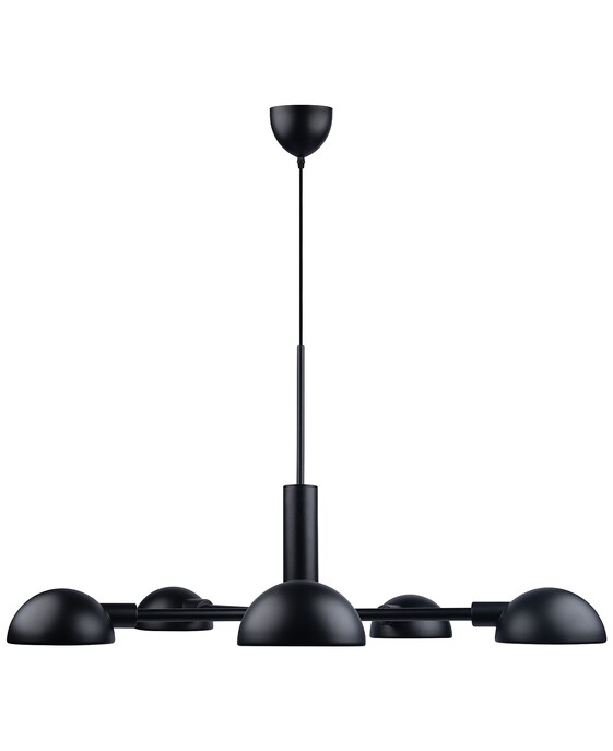 Závěsné svítidlo Nomi v minimalistickém černém provedení s 5 stínítky se skvěle hodí do kuchyně nebo obývacího pokoje.