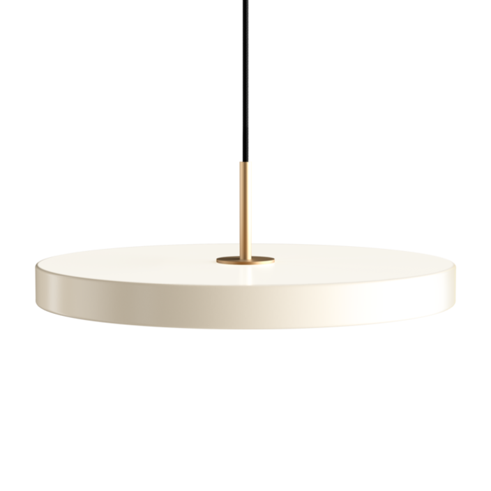 Jednoduché závěsné svítidlo UMAGE Asteria Plus ve tvaru disku. Kovové stínidlo, LED zdroj s možností nastavené barevné teploty, ve 2 barevných provedeních. Kompatibilní s kolejnicemi. (perleťově bílá)