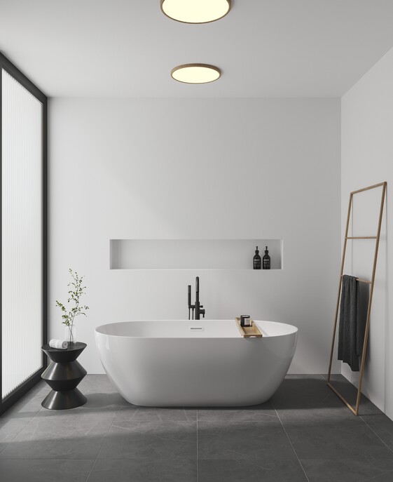 Jednoduché kruhové stropní svítidlo Oja 42 od Nordluxu nenásilně doplní každý prostor, ideální do koupelny, možnost stmívání s externím stmívačem.