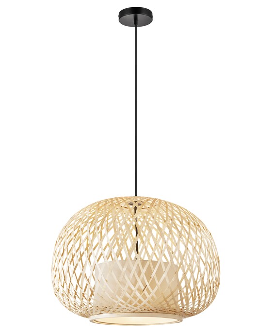 Závěsné svítidlo Hisoka kombinuje bambusová vlákna a látkové stínítko. Svítidlo vydává měkké světlo, vhodné do obývacího pokoje.