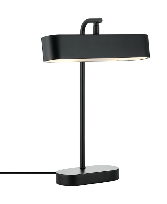 Stolní lampička Merlin v minimalistickém designu s funkční nastavitelnou hlavou, dostupná v černé barvě.