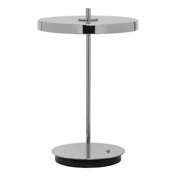 Elegantní designová stolní lampa Umage Asteria Move se zabudovaným LED panelem a difuzorem obsahující skrytý USB port pro možnost nabíjení mobilních telefonů, s čtyřstupňovým stmívačem. (leštěná ocel)