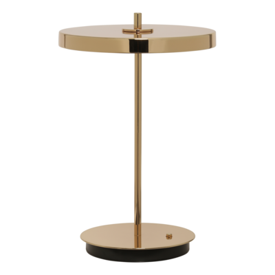 Elegantní designová stolní lampa Umage Asteria Move se zabudovaným LED panelem a difuzorem obsahující skrytý USB port pro možnost nabíjení mobilních telefonů, s čtyřstupňovým stmívačem.