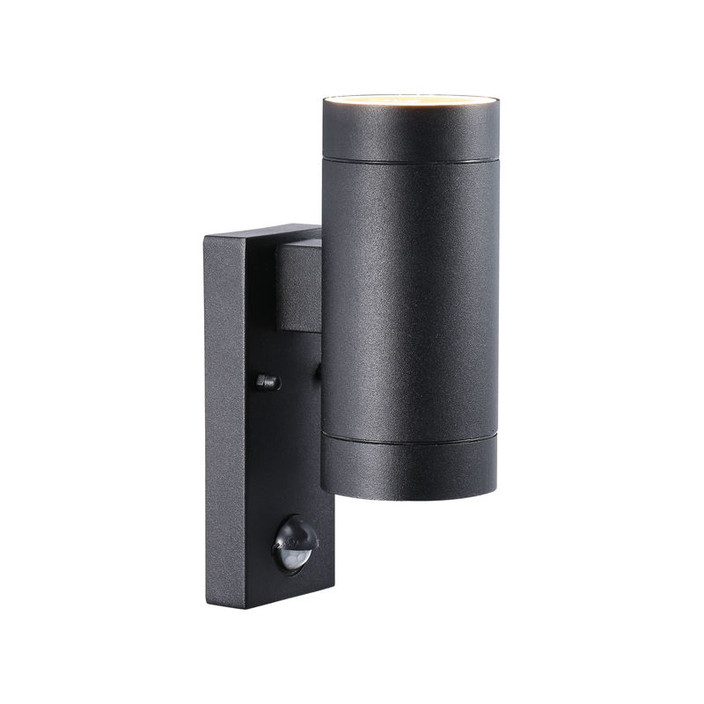 Dvojité venkovní nástěnné svítidlo válcovitého tvaru ve stylovém a moderním designu ve dvou barevných variantách s pohybovým senzorem (černá)