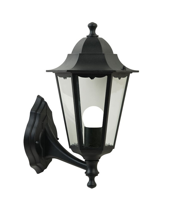 Krásné elegantní venkovní nástěnné svítidlo v retro designu z černého kovu se skleněnými průhledy s hlavou lampy směřující nahoru