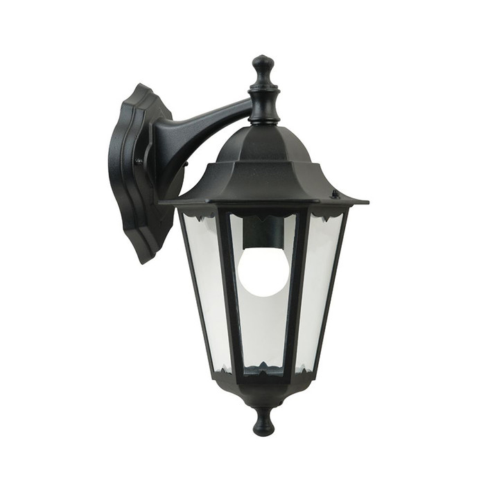 Krásné elegantní venkovní nástěnné svítidlo v retro designu z černého kovu se skleněnými průhledy s hlavou lampy směřující dolů (černá)