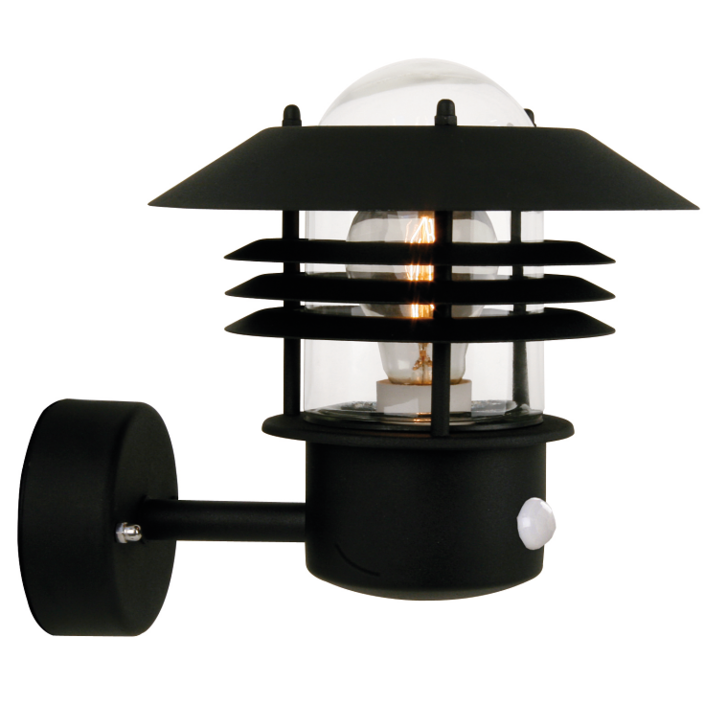 Krásné venkovní nástěnné svítidlo s hlavou lampy směřujícím nahoru ve funkčním klasickém designu ve dvou barevných variantách s pohybovým senzorem (černá)