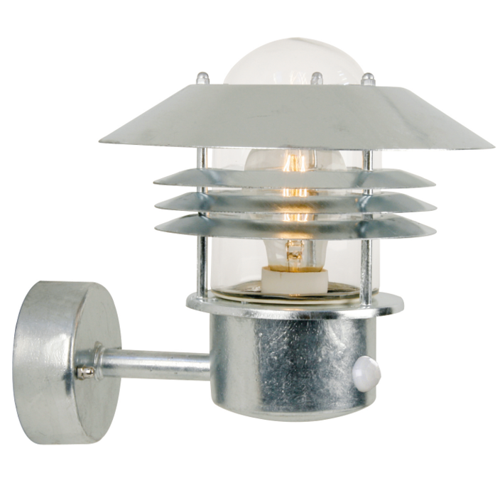 Krásné venkovní nástěnné svítidlo s hlavou lampy směřujícím nahoru ve funkčním klasickém designu ve dvou barevných variantách s pohybovým senzorem (galvanizovaná ocel)
