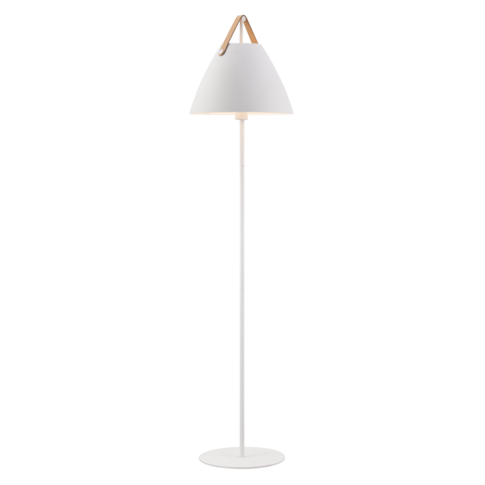 Stojací lampa Strap od Nordluxu - trendy kombinace kovu a kůže (bílá)