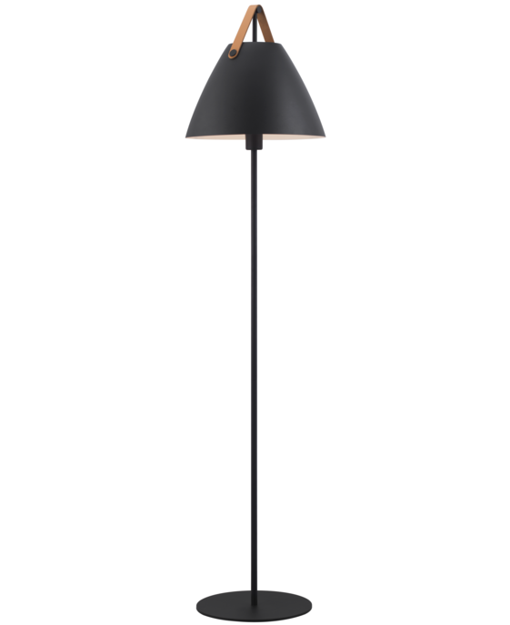 Stojací lampa Strap od Nordluxu - trendy kombinace kovu a kůže
