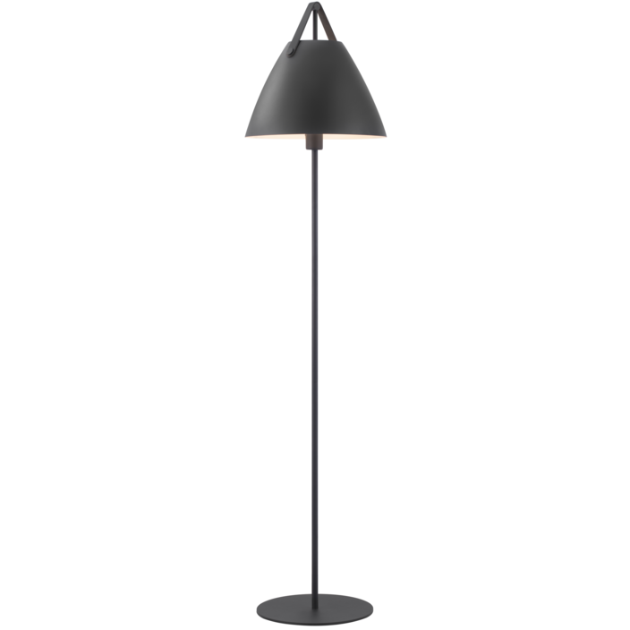 Stojací lampa Strap od Nordluxu - trendy kombinace kovu a kůže (černá)