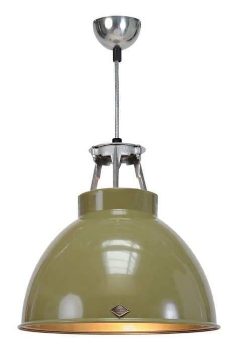 Titan od Original BTC - retro závěsné svítidlo v industriálním stylu. Hliníkové stínidlo na ocelovém kabelu. Barevné variace, nebo bez povrch. úpravy (olivově zelená, bronz)