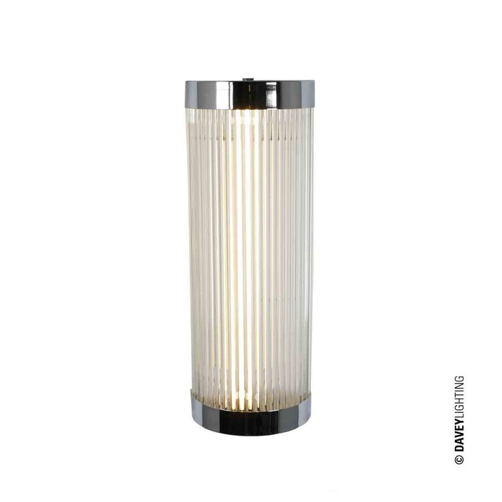 Nástěnná lampička Pillar Wide od Original BTC. Čiré skleněné trubice. Základna a vršek kov. Art Deco styl, vhodná do koupelny. (chrom)