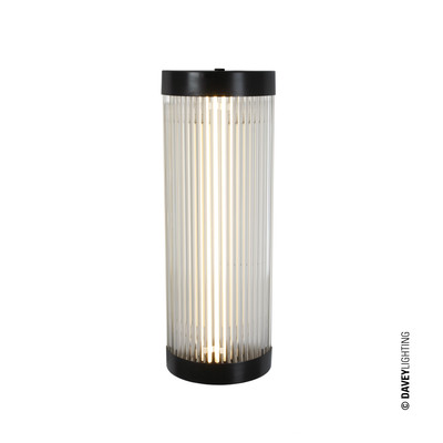 Nástěnná lampička Pillar LED Wide 40 od Original BTC. Čiré skleněné trubice. Základna a vršek kov. Art Deco styl, vhodná do koupelny. 