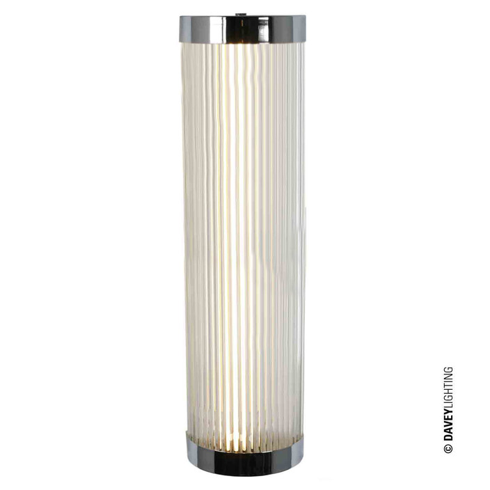 Nástěnná lampička Pillar LED Wide 60 od Original BTC. Čiré skleněné trubice. Základna a vršek kov. Art Deco styl, vhodná do koupelny.  (chrom)