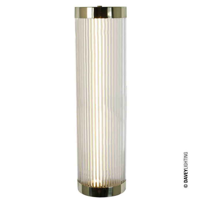 Nástěnná lampička Pillar LED Wide 60 od Original BTC. Čiré skleněné trubice. Základna a vršek kov. Art Deco styl, vhodná do koupelny.  (leštěná mosaz)