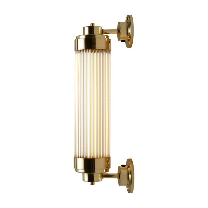 Nástěnná lampička Pillar Offset LED od Original BTC. Čiré skleněné trubice. Základna a vršek kov. Se stmívačem. Art Deco styl, vhodná do koupelny  (leštěná mosaz)