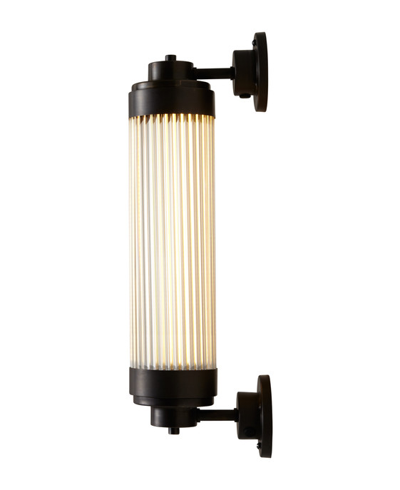 Nástěnná lampička Pillar Offset LED od Original BTC. Čiré skleněné trubice. Základna a vršek kov. Se stmívačem. Art Deco styl, vhodná do koupelny 