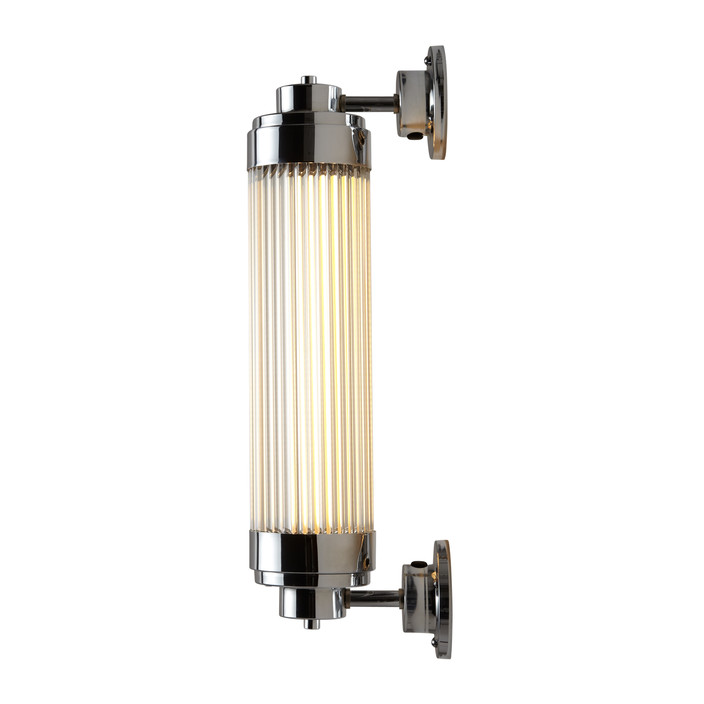 Nástěnná lampička Pillar Offset LED od Original BTC. Čiré skleněné trubice. Základna a vršek kov. Se stmívačem. Art Deco styl, vhodná do koupelny  (chrom)