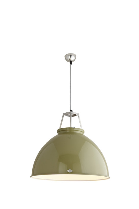 Titan od Original BTC - retro závěsné svítidlo v industriálním stylu. Hliníkové stínidlo na ocelovém kabelu. Barevné variace, nebo bez povrch. úpravy (olivově zelená, bílá)