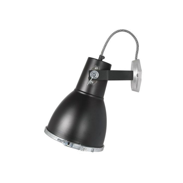 Nástěnná lampička Stirrup od Original BTC s jednoduchým industriálním vzhledem, s hliníkovým stínítkem i základnou, ve třech barvách, kryt z pískovaného skla. (černá)