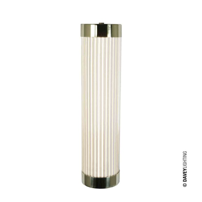 Úzká nástěnná lampička Pillar od Original BTC. Čiré skleněné trubice. Základna a vršek kov. Art Deco styl, vhodná do koupelny  (leštěná mosaz)