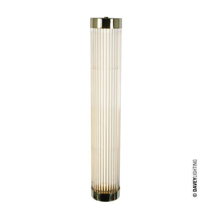Úzká nástěnná lampička Pillar od Original BTC. Čiré skleněné trubice. Základna a vršek kov. Art Deco styl, vhodná do koupelny  (leštěná mosaz)